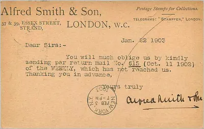 Cartolina postale da Londra a New York — Alfred Smith & Son, Londra — Verso