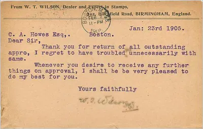 Carta postal da União Postal Universal — Grã-Bretanha & Irlanda — destinada a Boston, U.S.A. — Verso