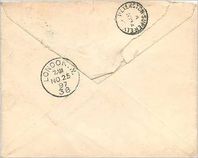 Carta postal enviada de Cardiff para Londres — selos e carimbos postais — Verso