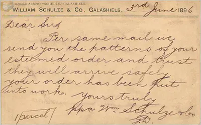 Galashiels — cartolina commerciale — William Schulze & Co. — Verso