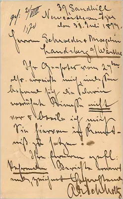 Carta postal da União Postal Universal — Grã-Bretanha e Irlanda — enviada de Cetleyon (Inglaterra) para Sandesberg (Alemanha) — Verso