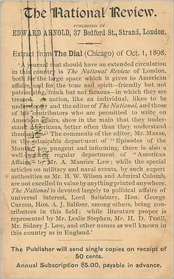 Carte postale de Grande-Bretagne et Irlande — extrait de The National Review — éditeur Edward Arnold, Londres — Verso