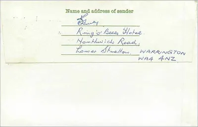 Warrington — carta postal com mensagem publicitária — editor desconhecido, número de série não visível — Verso