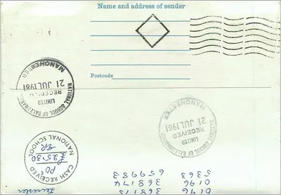 Manchester — escola nacional de venda — selo 14p e carimbo postal — Verso