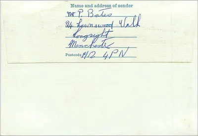 Manchester — carte postale envoyée à Prudential Assurance, 76 King Street — timbre 14p et cachet de Manchester 22 oct 1981 — Verso