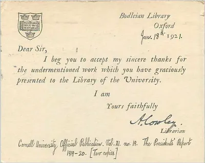 Oxford — Bodleian Library — carte postale datée 1921 — Verso