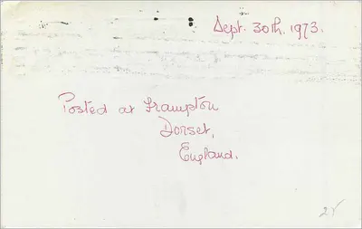 Carta postal — mensagem ao Dr. W. Schwartz — Dorchester, Inglaterra — 1º de outubro de 1973 — Verso
