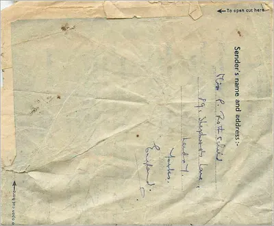 1947년 7월 9일 레드스에서 뉴욕으로 발송된 항공우편엽서 — 출판사 미확인 — 뒷면
