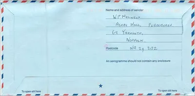 Aérogamme Royal Mail International — Great Britain Postage Paid — destiné à North Bergen, NJ, USA — Verso
