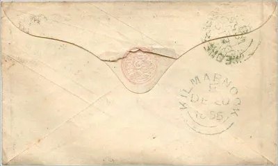 Antieke ansichtkaart met adres van de Rev. Mathew Maire in Cairnhill, Galston, Ayrshire — roze postzegel van 1865 en poststempel van Kilmaarno, Schotland — Achterkant
