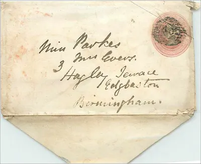 Carte postale ancienne — endereço para Miss Parkes em Birmingham — carimbo e selo de QURWINGH 1851