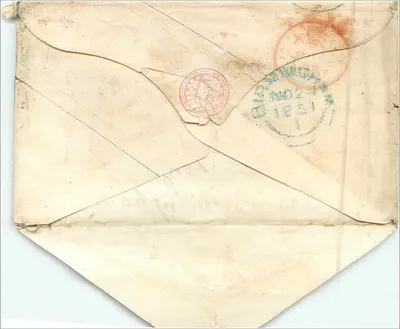 Carte postale ancienne — endereço para Miss Parkes em Birmingham — carimbo e selo de QURWINGH 1851 — Verso