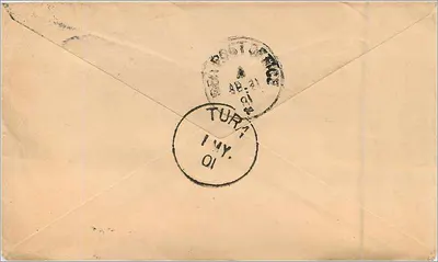 ब्रिस्टल — टुरा, असम के लिए पत्र — 1 पैनी के टिम्बर और 'ब्रिस्टल 12 अप्रैल 1891' के ओब्लिटेरेशन — पीछे