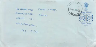 Carta postal enviada ao Consulado Australiano em Manchester — Royal Mail, Leeds, 8 dez. 1988