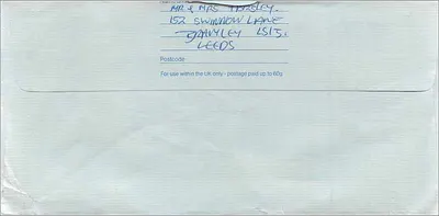 Carta postal enviada ao Consulado Australiano em Manchester — Royal Mail, Leeds, 8 dez. 1988 — Verso