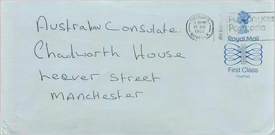 Carta postal enviada ao Consulado Australiano em Manchester — Royal Mail, 15 de abril de 1926