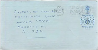 Carta postal enviada ao Consulado Australiano em Manchester — Royal Mail, 1988