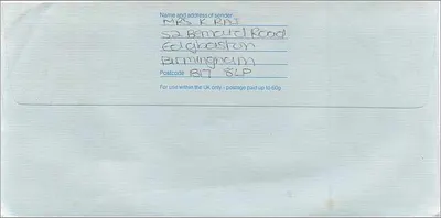 Carte postale bleue — Australien Consulat à Manchester — Royal Mail 1£ — Verso