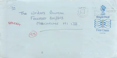 Carta postal enviada ao The Writers Bureau em Manchester — Royal Mail, 6 de abril de 1989