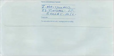 Envelope postal Reino Unido — endereço para Geoffrey Warhurst, Manchester — selo Royal Mail 1£ — Verso