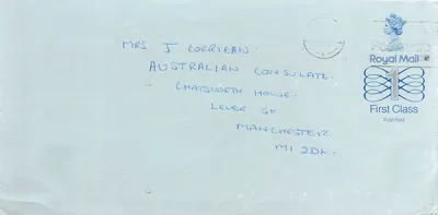 Manchester — carta postal enviada à embaixada australiana — Royal Mail