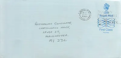 Carta postal enviada à embaixada australiana em Manchester — Royal Mail, Sheffield, 8 de março de 1989