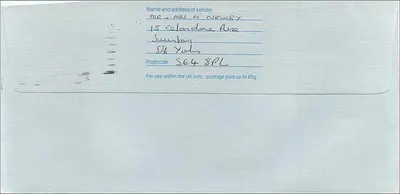 Carta postal enviada à embaixada australiana em Manchester — Royal Mail, Sheffield, 8 de março de 1989 — Verso