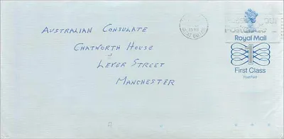 Carta postal inglesa — selo de 1£ Royal Mail 1980 — destinada ao Consulado Australiano em Manchester