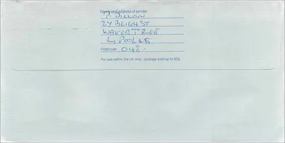 Carta postal enviada à embaixada australiana em Manchester — Royal Mail, 14 de julho de 1984 — Verso