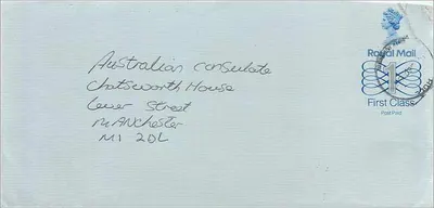Envelope postal — Consulado Australiano em Manchester — Royal Mail First Class