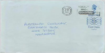 Carta postal enviada ao Consulado Australiano em Manchester — selo de 1£ e carimbo 'HAVE PLACE' — verso com endereço do remetente em NERSIDE