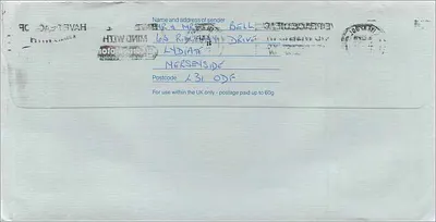 Carta postal enviada ao Consulado Australiano em Manchester — selo de 1£ e carimbo 'HAVE PLACE' — verso com endereço do remetente em NERSIDE — Verso
