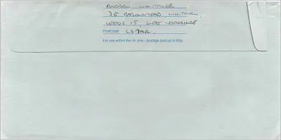 Carta postal enviada ao Consulado Australiano em Manchester — Royal Mail First Class — Verso