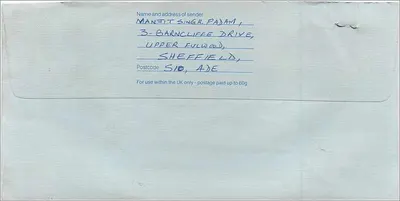 Carta postal enviada de Sheffield para o consulado australiano em Manchester — Royal Mail First Class — Verso