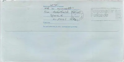 Manchester — Briefumschlag mit Briefmarken und Poststempel — Royal Mail — Rückseite