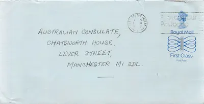 Avustralya Elçiliği'ne gönderilen kartpostal — Royal Mail, 1 pound