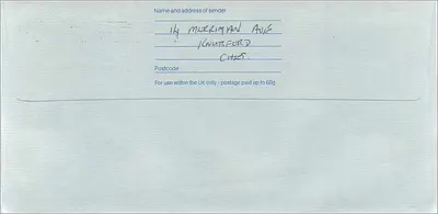 Carta postal inglesa — selo 1£ Royal Mail — destinada ao Consulado Australiano em Manchester — Verso
