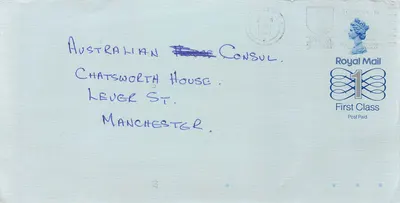 Carta postal enviada ao Consulado Australiano em Manchester — Royal Mail, 1ª classe, carimbo 1£, data 2 DEZ 1987