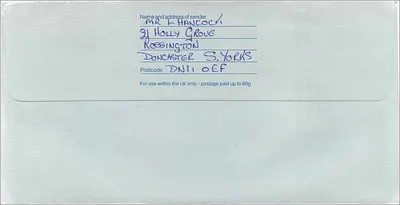 Carta postal enviada ao Consulado Australiano em Manchester — Royal Mail, 1ª classe, carimbo 1£, data 2 DEZ 1987 — Verso