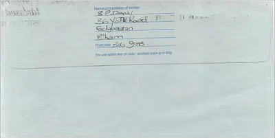 Briefkarte an das australische Konsulat in Manchester — Royal Mail, 5. Februar 1984 — Rückseite