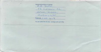 Envelope postal — Miss S. O'Donnell, consulado australiano em Manchester — Royal Mail First Class — Verso