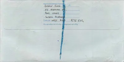 Cartão postal azul — Royal Mail Special Delivery — enviada de Cotton Down, Midland, para Manchester — Verso