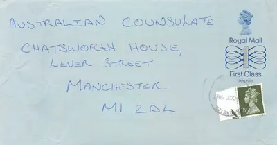 Envelope enviado ao Consulado Australiano em Manchester — selo 1987