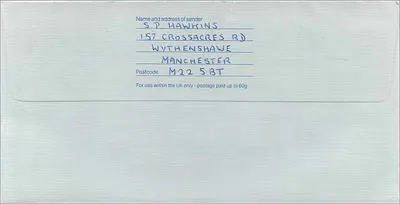 Manchester — Envelope postal remetido ao Departamento de Imigração da Austrália — Royal Mail — Verso