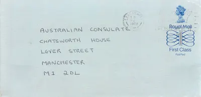 पोस्टकार्ड ऑस्ट्रेलियाई कौंसल के मैनचेस्टर को भेजा गया - रॉयल मेल, 1998