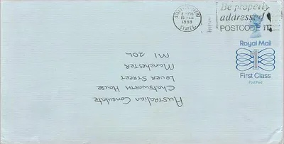 Carte postale envoyée à l'Australian Consulate à Manchester — Royal Mail First Class, timbre 1988