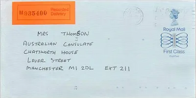 Envelope postal — Manchester — Royal Mail First Class