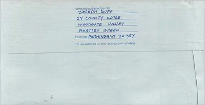 Escritório de Imigração de Manchester — Envelope de primeira classe da Royal Mail — Verso