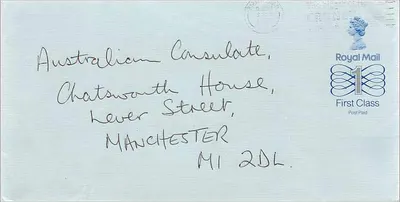 Carta postal inglesa — enviada à embaixada australiana em Manchester — Royal Mail First Class
