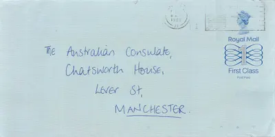 Carte postale enviada à embaixada australiana em Manchester — Royal Mail, 1988